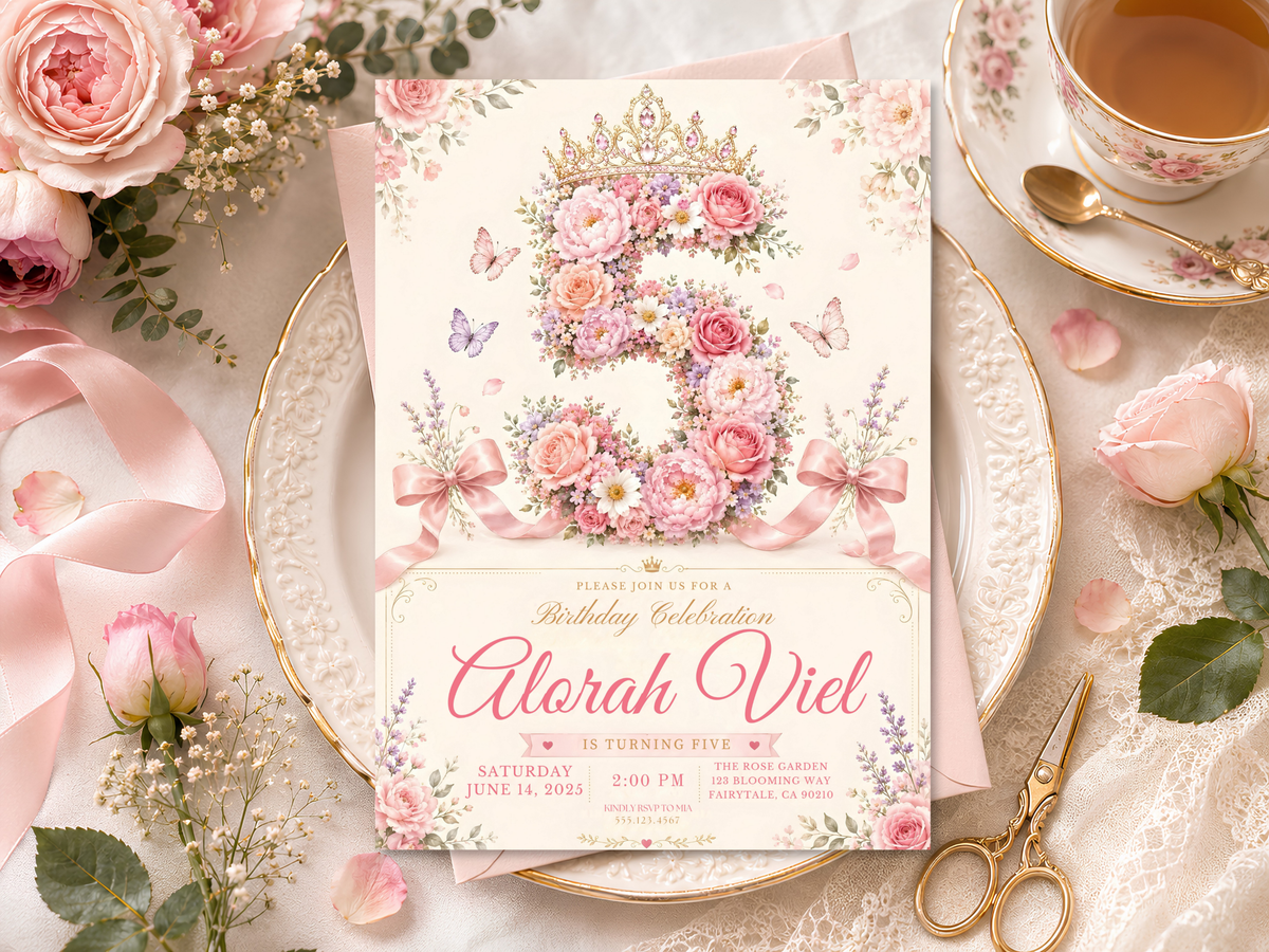 Pastel butterfly birthday invitation design with layered floral blooms, blush roses and a jeweled crown accent.