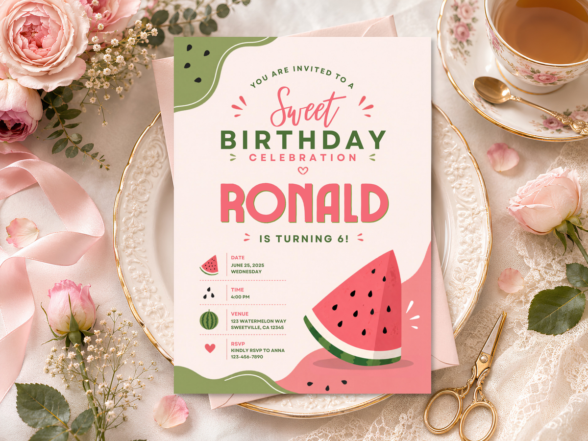 Watermelon birthday invite template designed for summer celebrations, with watermelon slices, seeds, cheerful lettering, and playful party details.