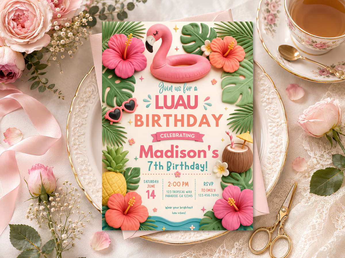 Luau birthday invitation template with tropical floral border, flamingo, pineapple, coconut drink and cheerful party lettering