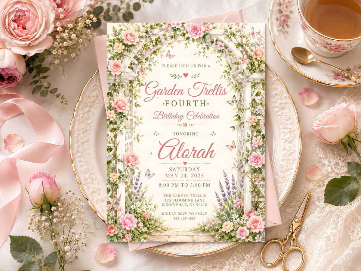 Garden Trellis birthday invitation template with pink roses, greenery, lavender and delicate butterflies framed by a floral trellis arch