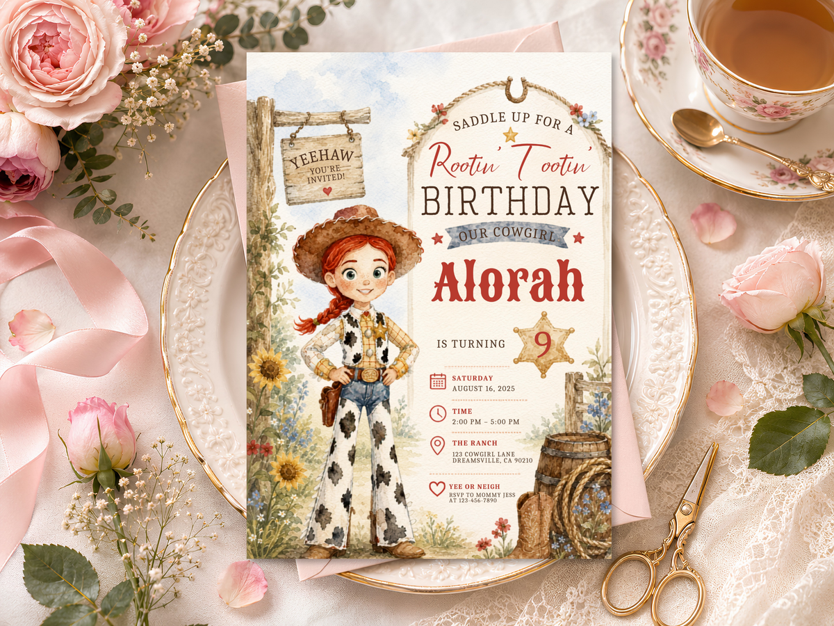 Rustic Jessie cowgirl birthday invite with western illustration, sunflowers, wood details, rope, stars and country party styling.