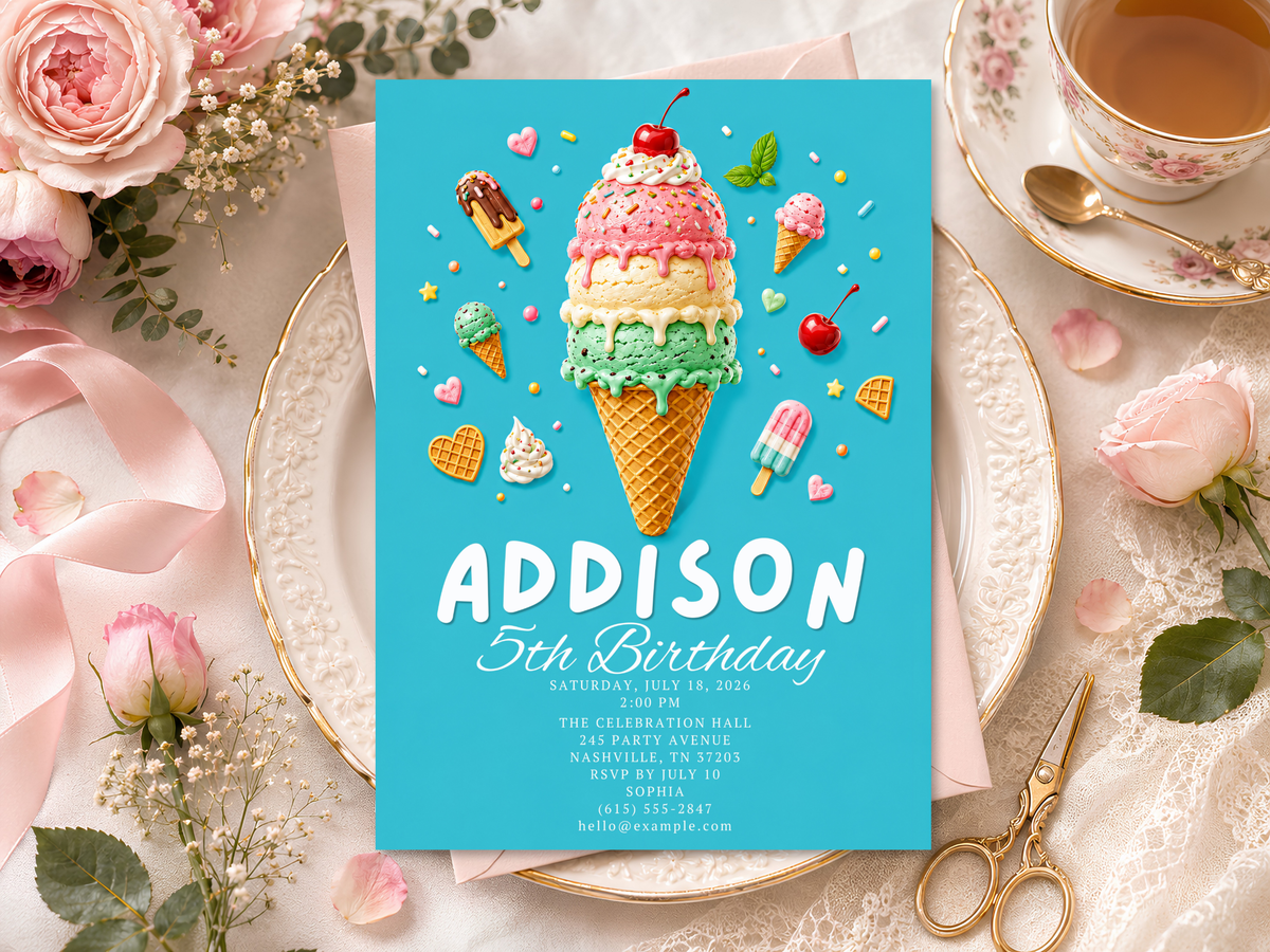 Kids ice cream birthday invitation design with colorful dessert imagery, sprinkles, cherries and a fun birthday party aesthetic.