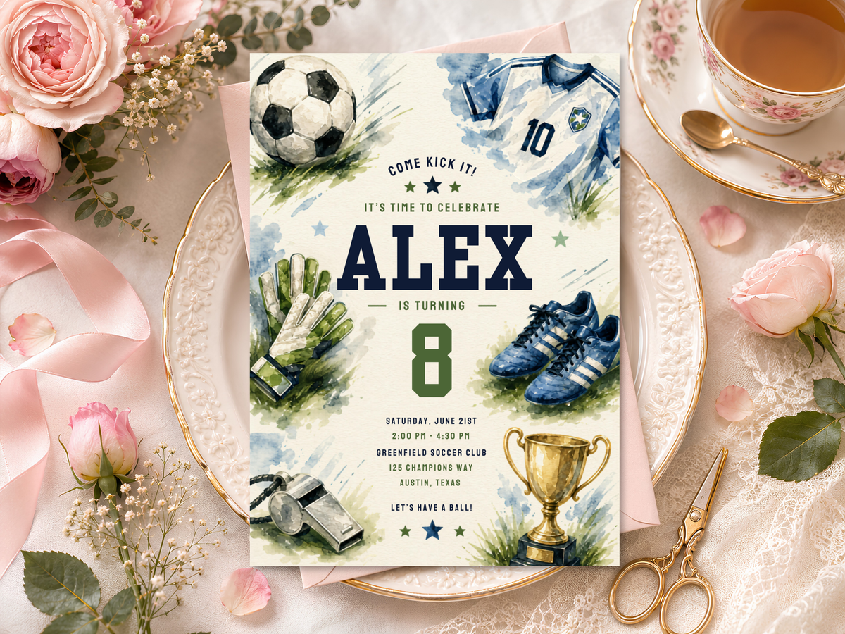 Soccer birthday invitation template artwork in cream, blue and green tones with soccer equipment and trophy illustrations.