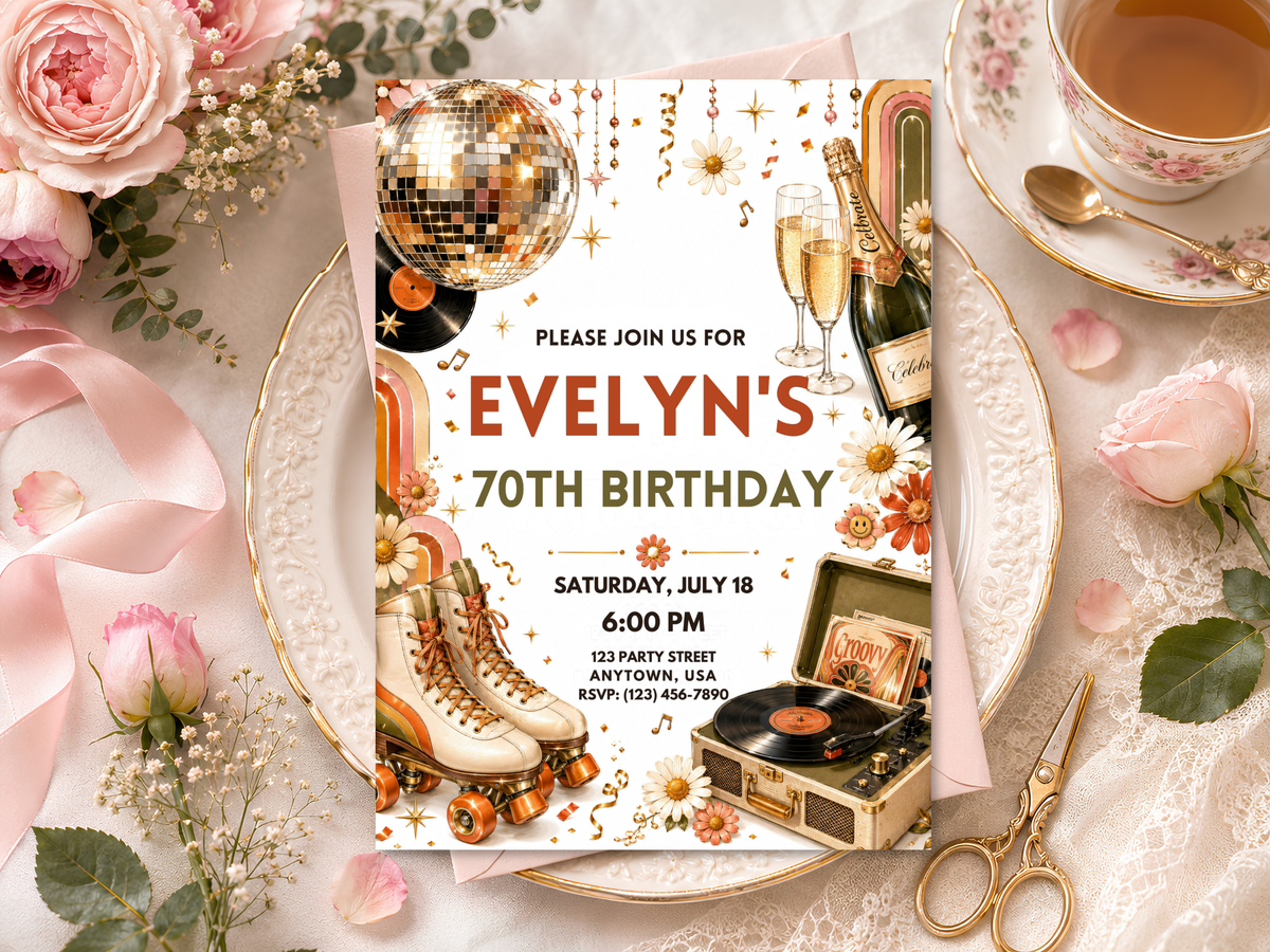 Editable Canva birthday invitation with disco ball, roller skates, vinyl record, champagne bottle and glasses, flowers and bold retro celebration typography.