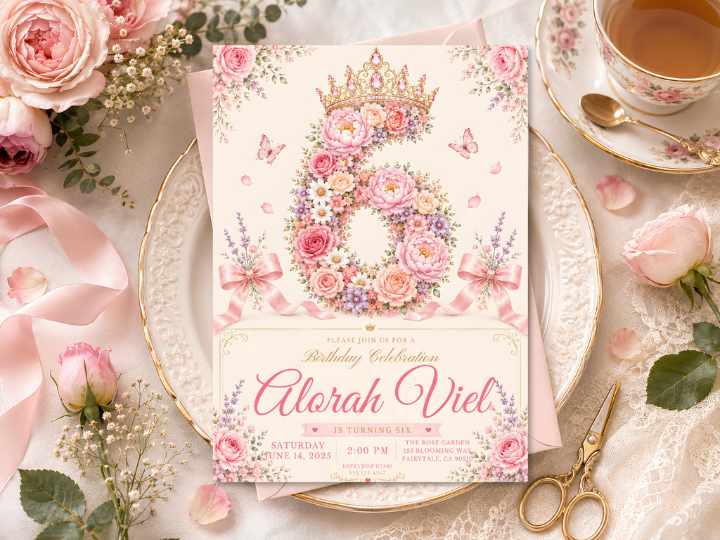 Garden-inspired floral princess birthday invitation with royal crown details, layered pastel flowers, butterflies, pink bows, cream space, and a soft romantic celebration style.
