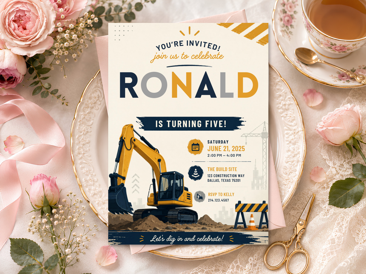 Construction birthday party invitation featuring a yellow digger, roadwork visual elements, navy details, and space for personalized event information.