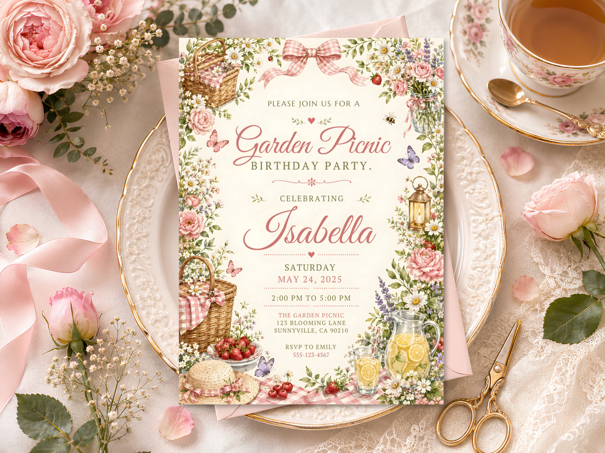Elegant garden picnic birthday invitation with cream paper styling, blush florals, botanical foliage, picnic motifs and script lettering.