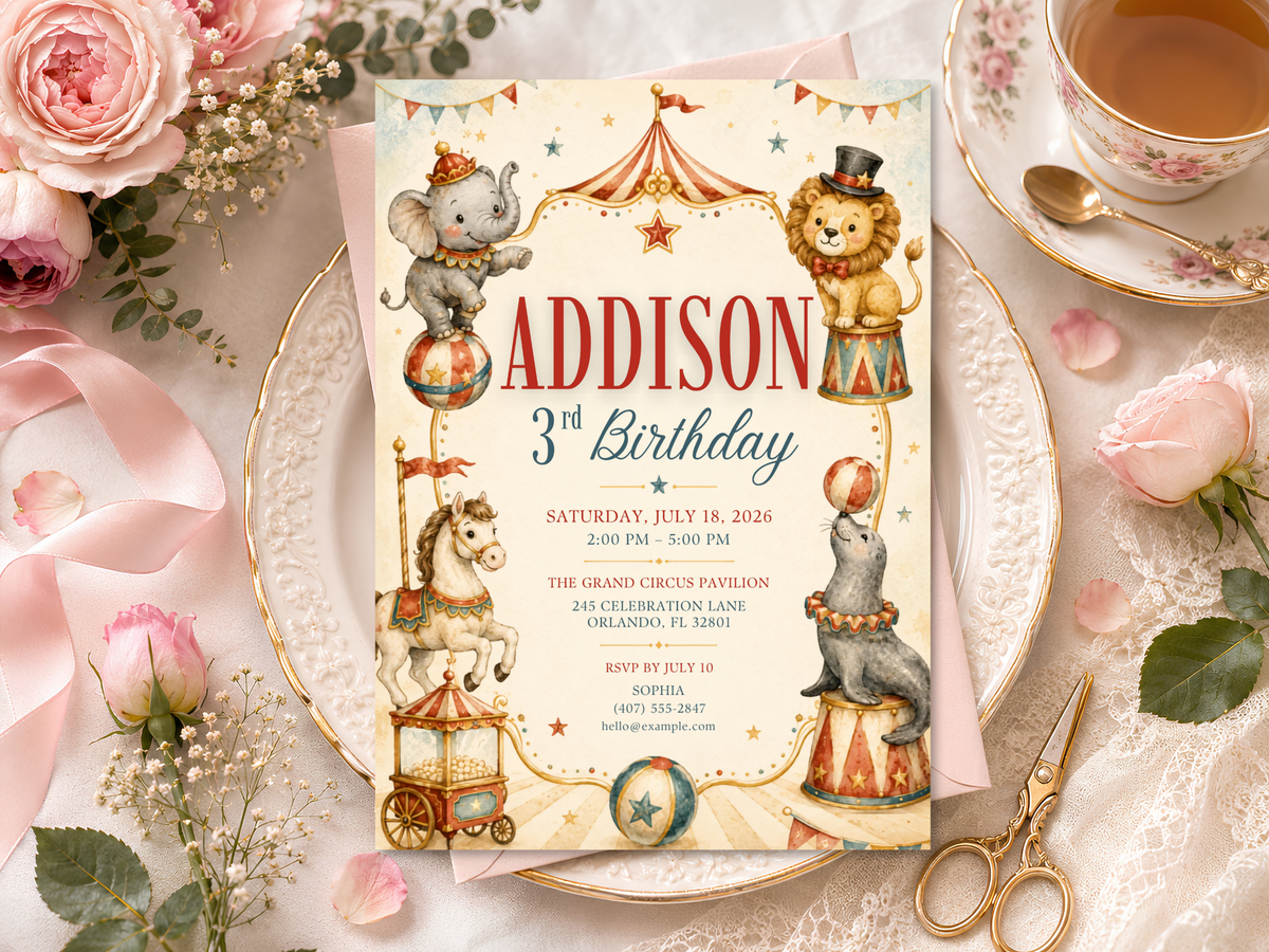 Vintage circus animal birthday invitation template for kids with decorative border, carousel details and playful watercolor artwork