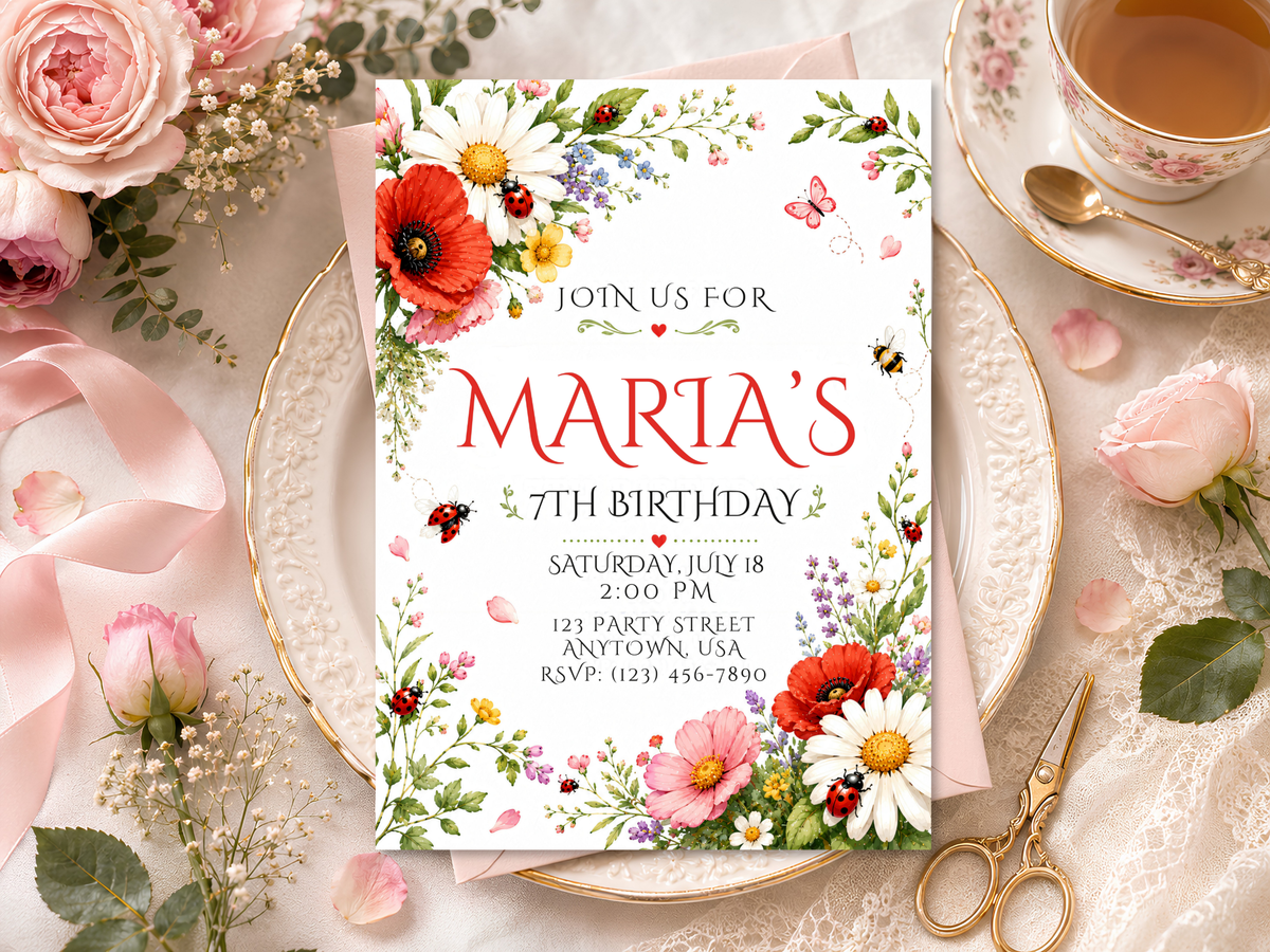 Children's wildflower birthday invitation featuring a cheerful botanical arrangement of colorful flowers, foliage and garden insects.