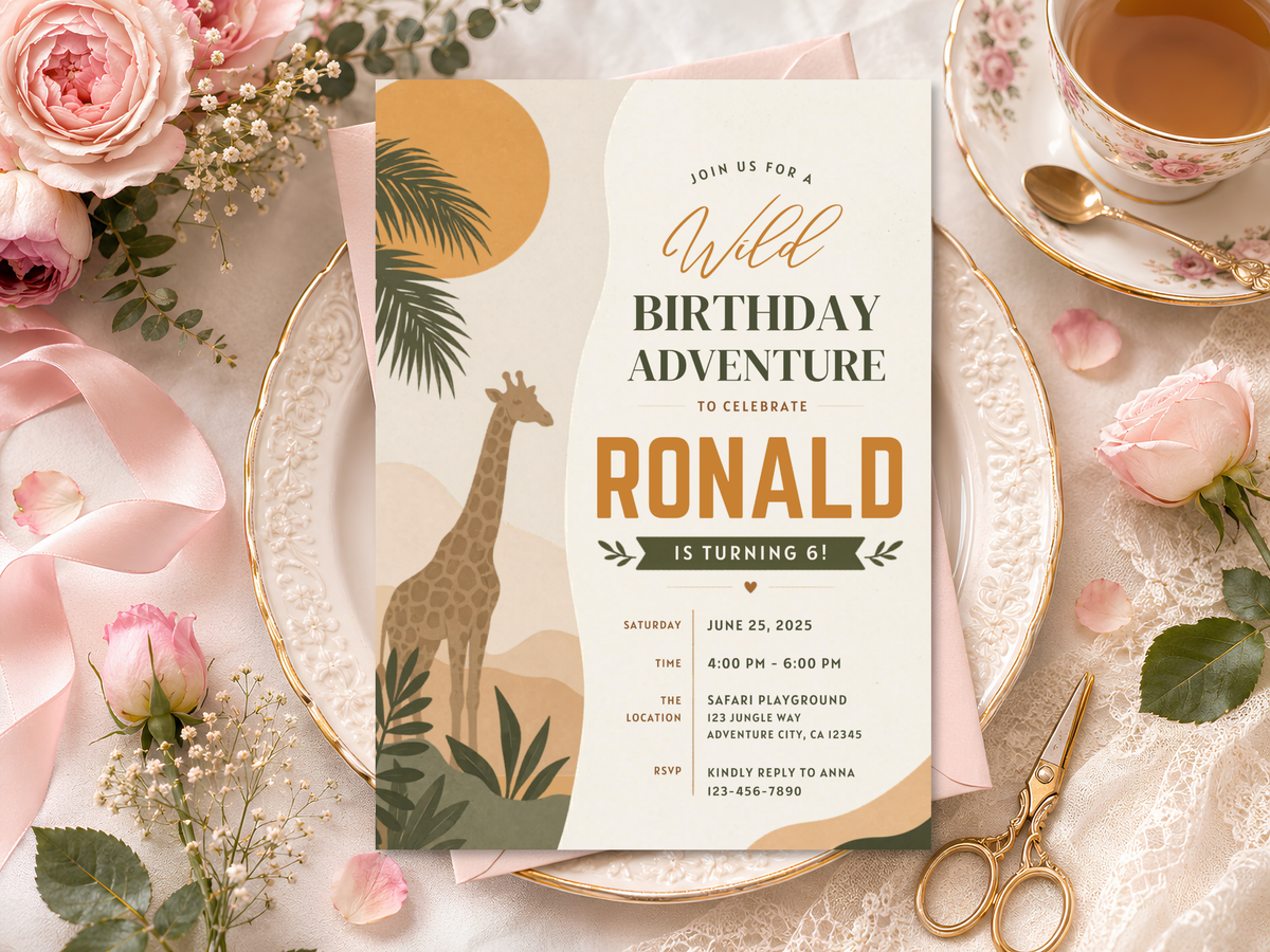 Printable safari birthday invitation design for a wild adventure celebration.