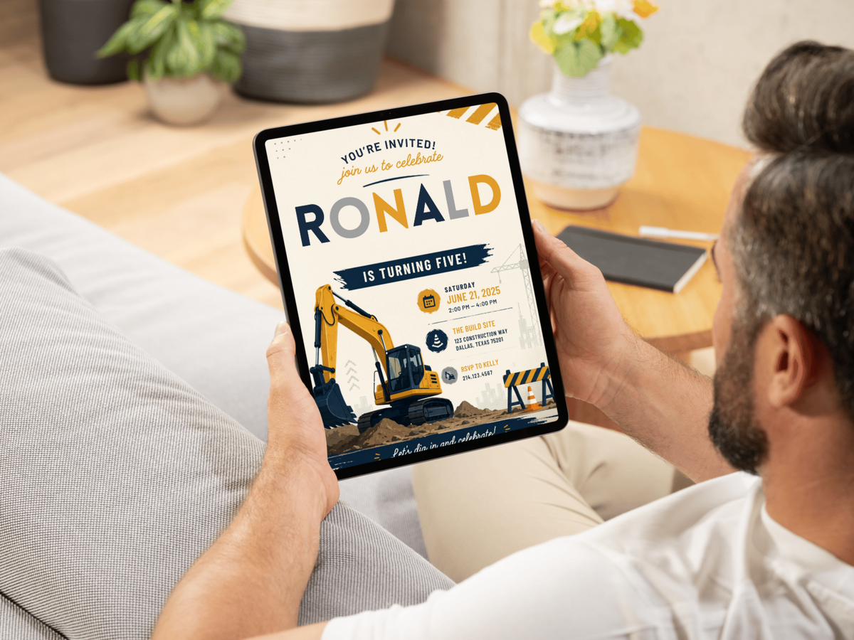 Editable construction-themed birthday invitation with excavator artwork, building-site motifs, golden yellow and navy colors, and customizable party details.