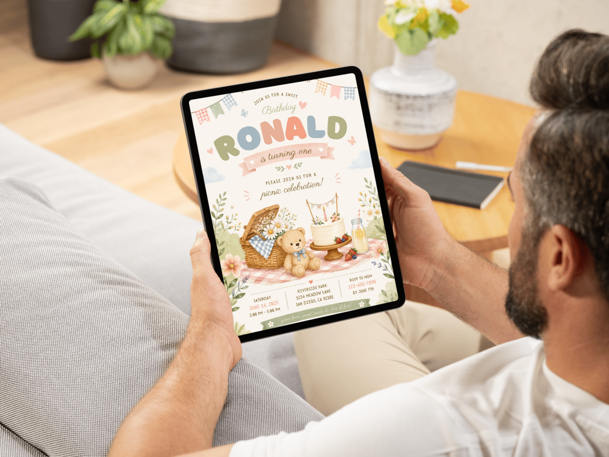 Portrait Teddy Bear Picnic birthday invitation template with soft watercolor illustration, teddy bear, cake, flowers and picnic accents.
