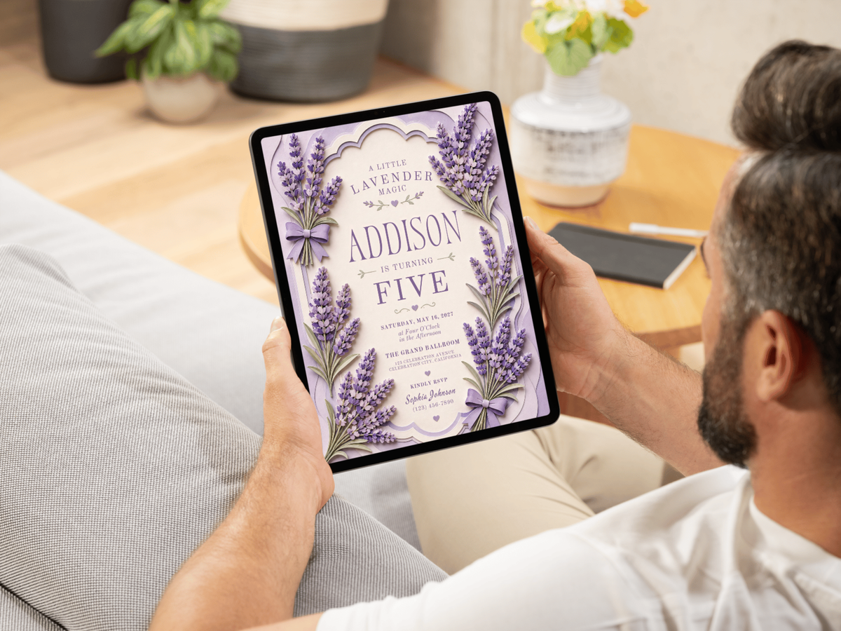 Lavender floral birthday invitation template shown in product image 24, featuring purple lavender sprigs, botanical greenery, cream stationery, an arched frame, and elegant birthday wording.