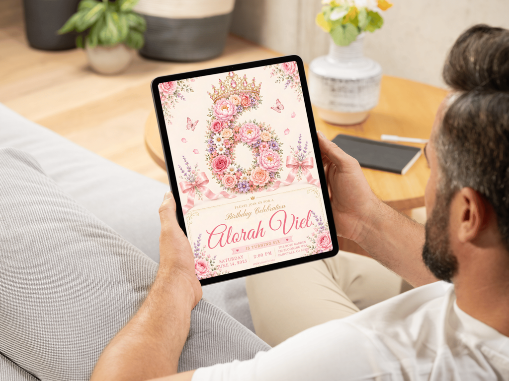 Elegant floral princess birthday invitation template featuring pink roses, white daisies, lavender flowers, jeweled crown, butterflies, satin bows, and a soft pastel birthday palette.
