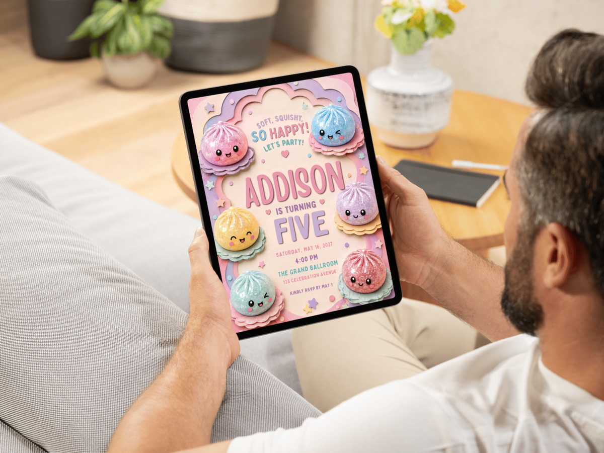 Squishy dumpling birthday invitation design with pastel pink, blue, yellow, lavender, mint, and coral characters arranged in a cheerful kids party composition.