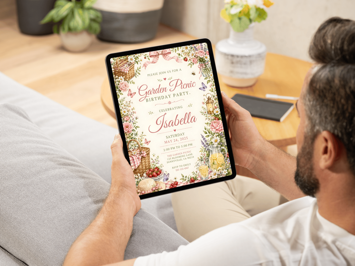 Vertical garden picnic birthday invitation template showing the floral border, picnic baskets, strawberries, butterflies, gingham bows and lemonade details.