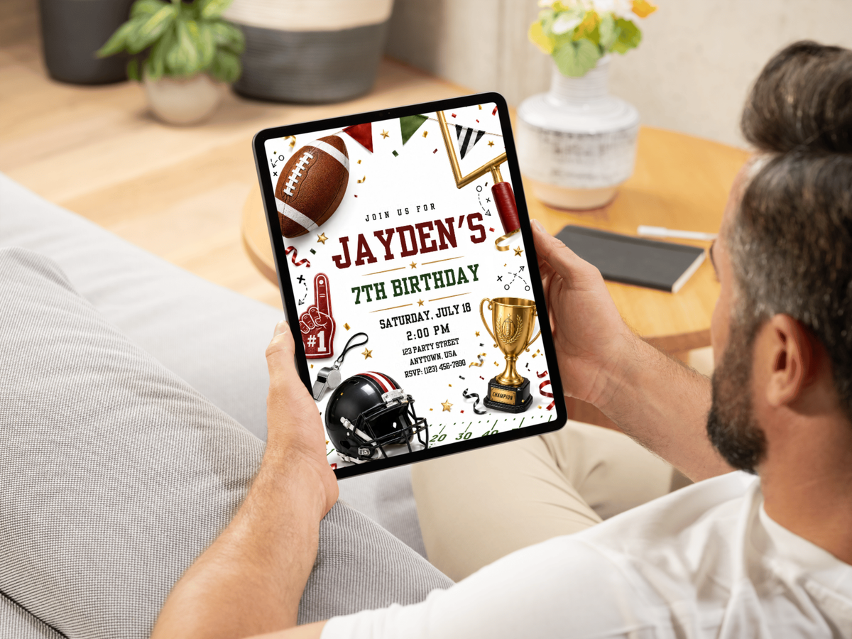 Football birthday invitation template for a sports fan showing football gear, trophy, foam finger, whistle, field lines, stars, and pennants