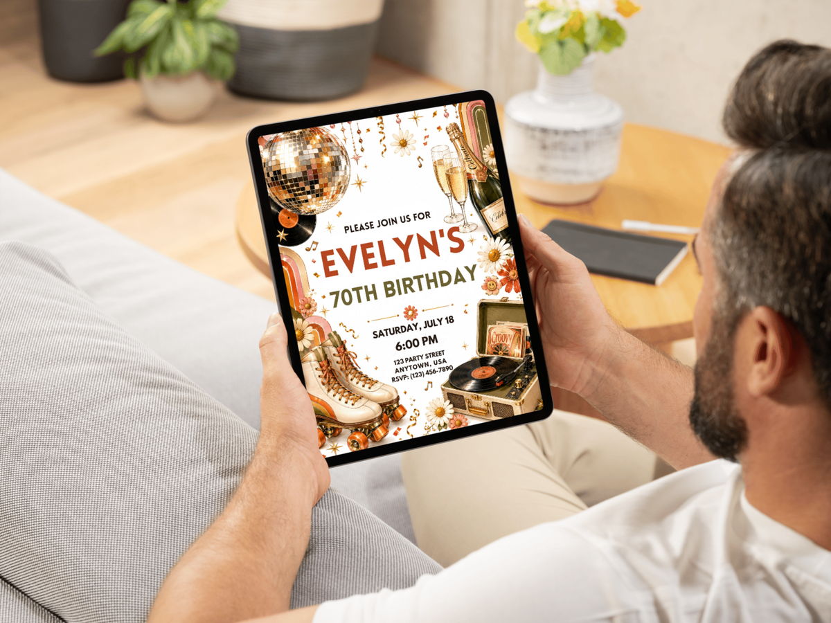 Retro vintage Disco Roller birthday invitation template for adult and milestone parties, featuring cream, gold, pink and brown tones with music and celebration motifs.