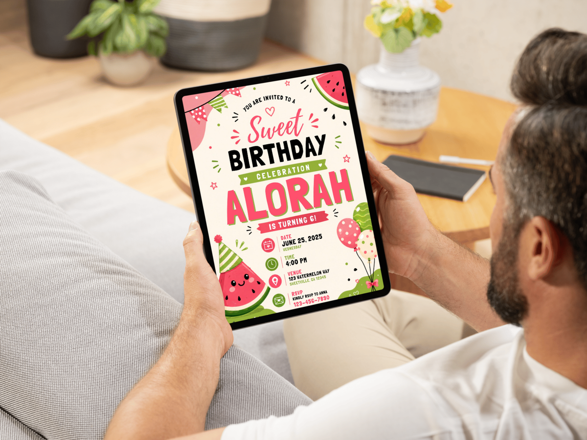 Watermelon birthday invitation template for children with colorful watermelon graphics, festive party elements, and playful text