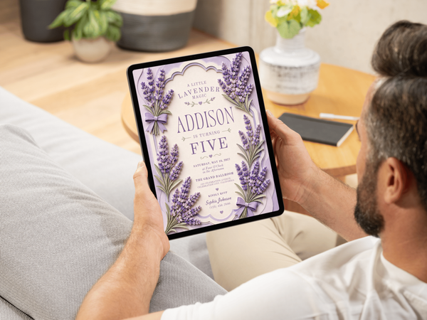 Lavender floral birthday invitation template shown in product image 12, featuring purple lavender stems, botanical greenery, a soft cream palette, and elegant floral birthday typography.