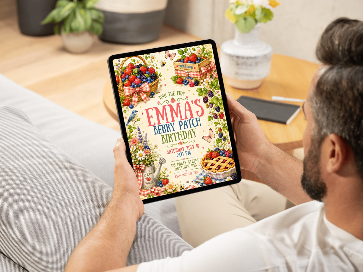 Berry Patch birthday party invitation featuring a colorful watercolor fruit garden, berry baskets, pie, flowers, butterflies, gingham bows, and rustic picnic-inspired details.
