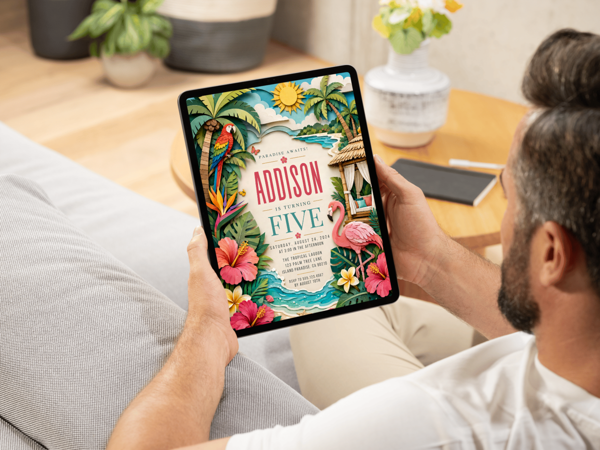 Tropical flamingo birthday invitation template preview with flamingo, parrot, palm trees, hibiscus flowers and colorful island party scenery
