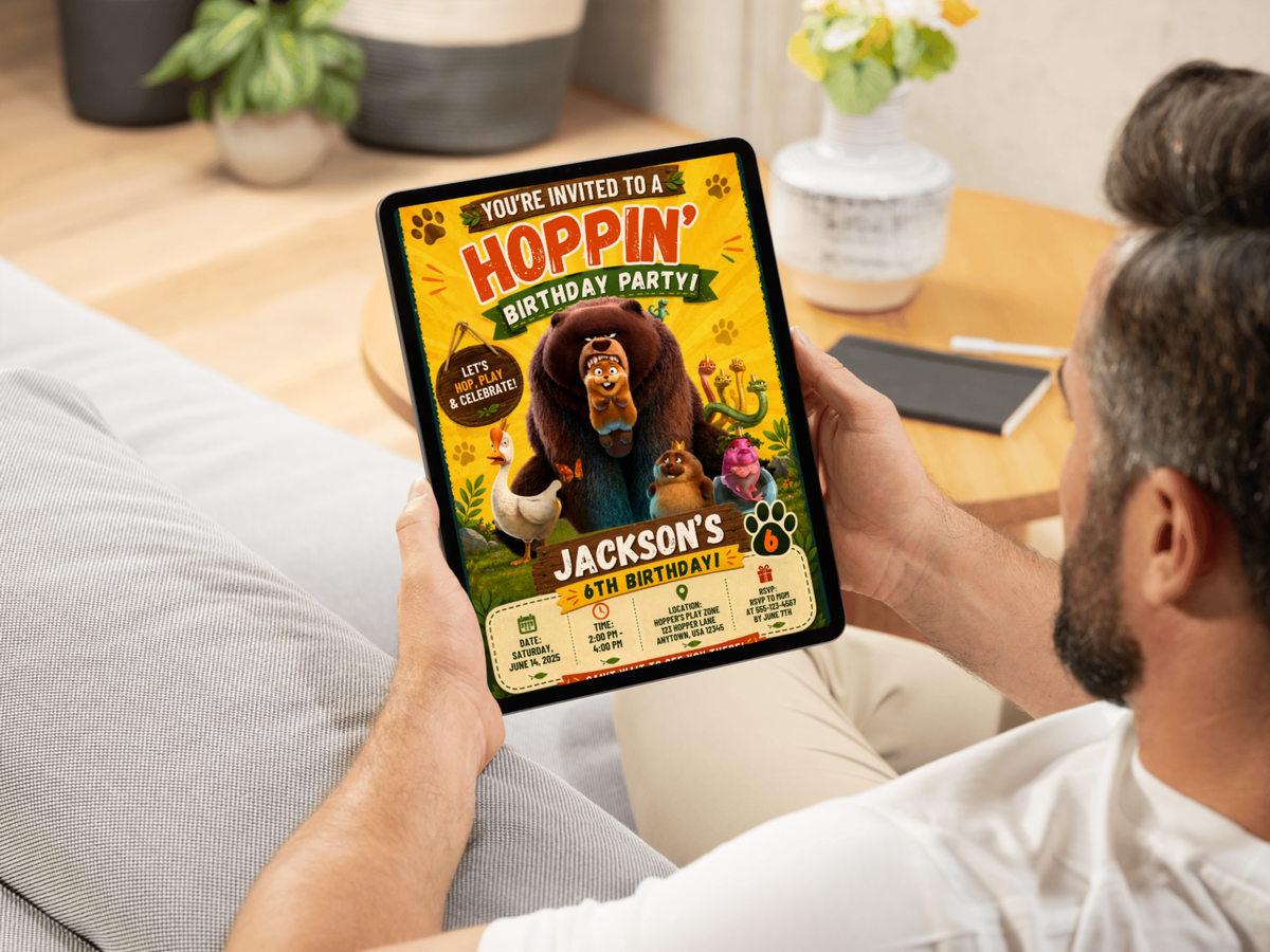 Hoppers movie birthday invitation final preview with colorful animal artwork, bold celebration text, and a playful illustrated style.