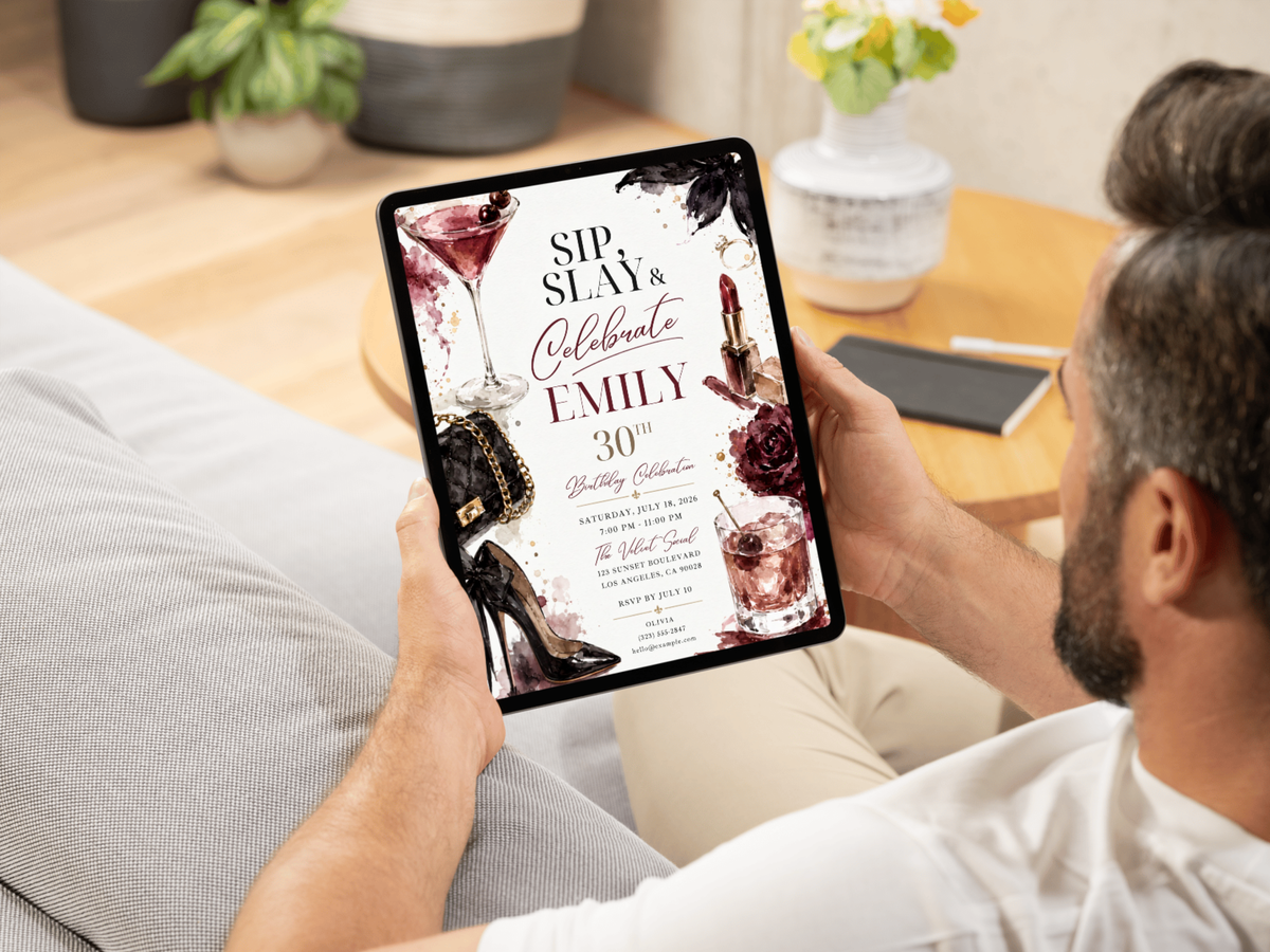 Digital glam cocktail birthday invitation template for adult milestone celebrations, combining Sip Slay & Celebrate typography with cocktails, roses and fashion-inspired details.