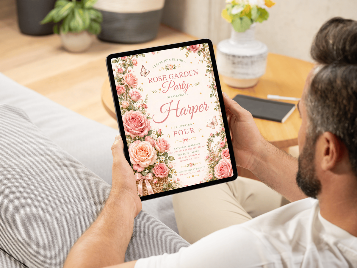 Rose garden birthday invitation template with romantic floral artwork, butterflies and blush pink tones