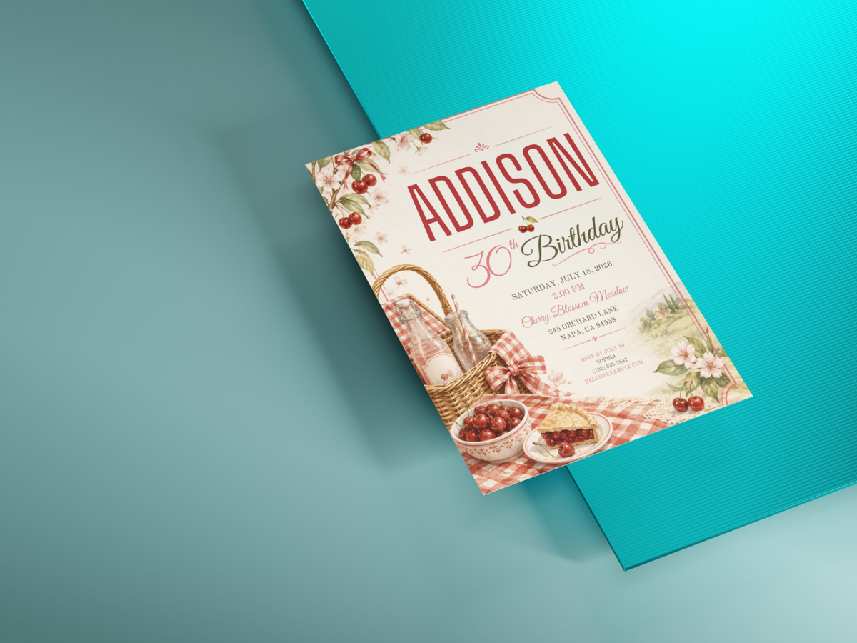 Charming cherry birthday invitation template with picnic imagery, florals, gingham details, and a soft vintage countryside look.