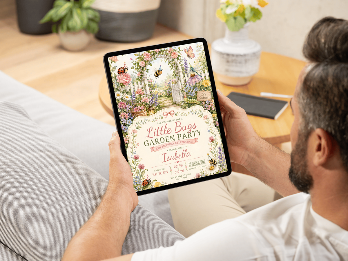 Pastel watercolor bug birthday invitation with floral garden scenery, white gate, roses, daisies, butterflies, bees, and ladybug