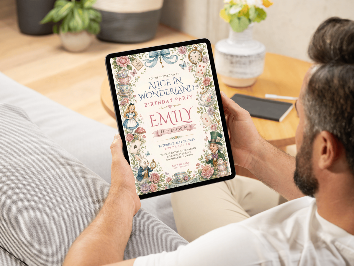 Alice in Wonderland birthday invitation product preview with portrait layout, whimsical watercolor artwork, floral border and soft pastel Wonderland details