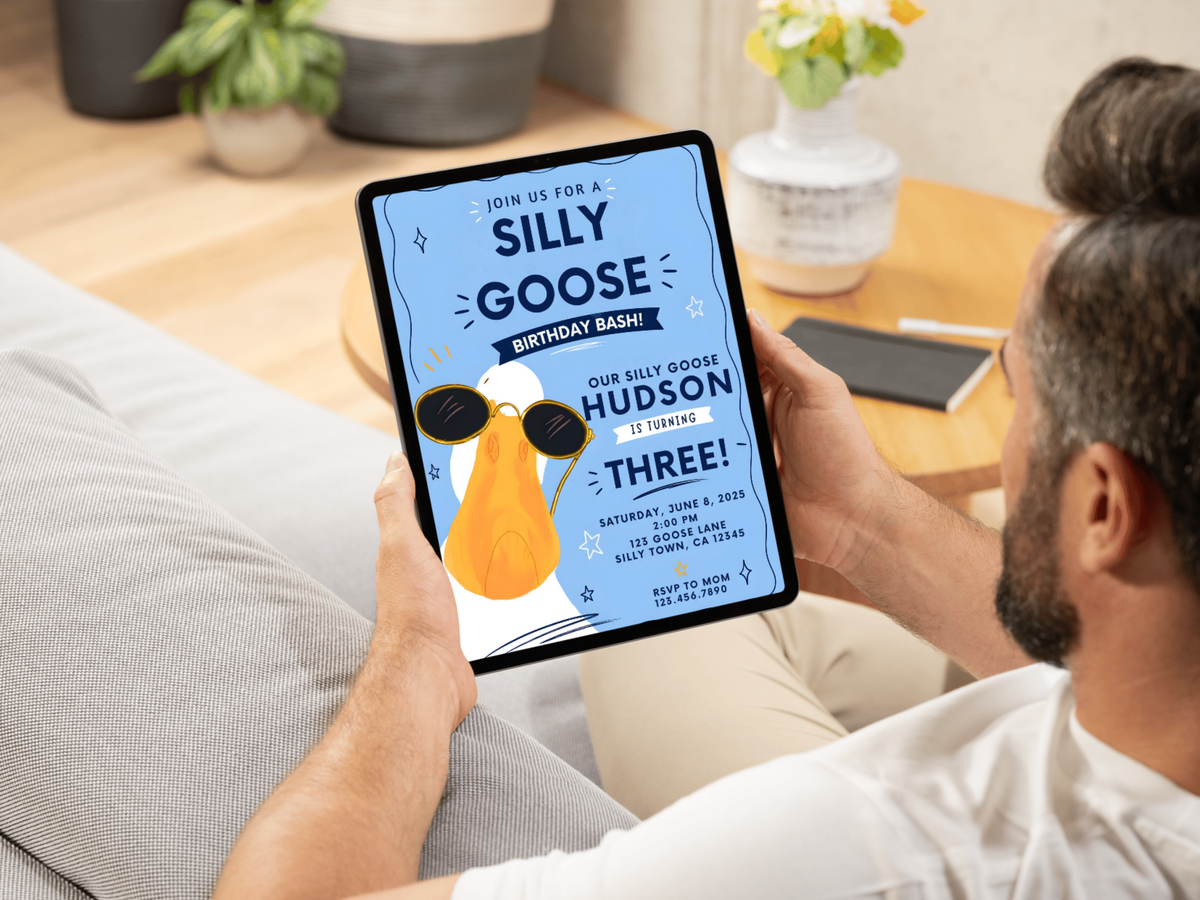 Animal-themed birthday invitation template with a silly goose in sunglasses, bright blue artwork, bold birthday typography, and cheerful party details.