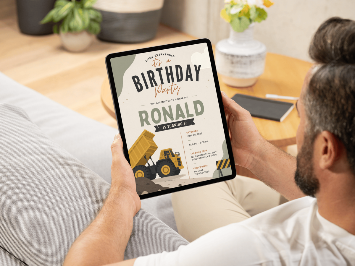 Construction birthday invitation template with dump truck and job-site illustration, olive green and yellow accents, warm neutral background, and editable party wording.