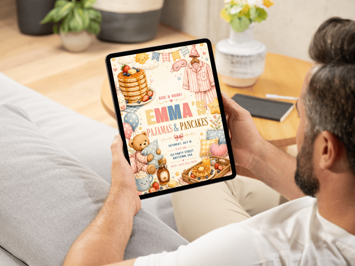 Watercolor Pajamas & Pancakes birthday invitation for kids, combining pancakes, waffles, berries, teddy bear, pajamas, stars and cheerful party accents.