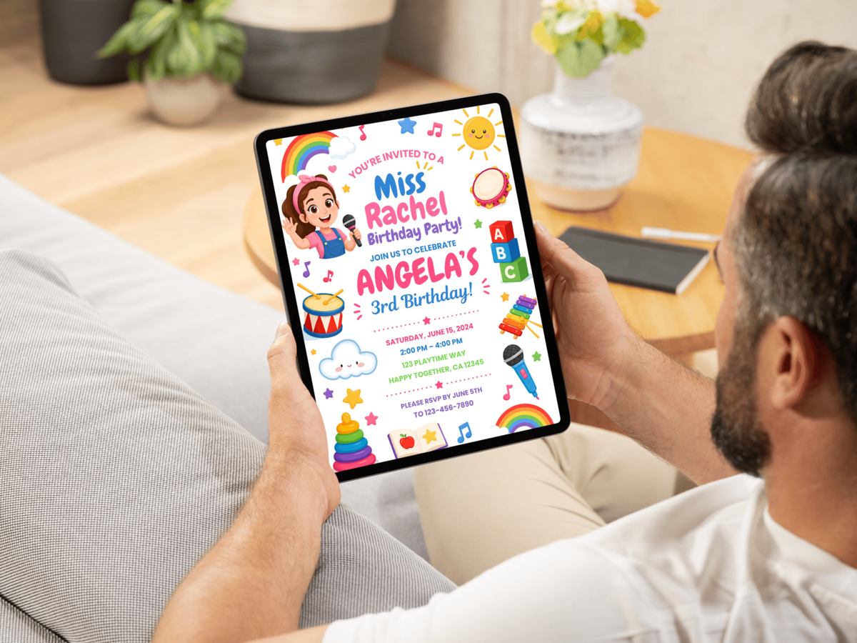 Ms Rachel birthday invitation design for a colorful kids’ celebration, combining playful cartoon illustration, rainbow accents, musical instruments, learning toys and stars.