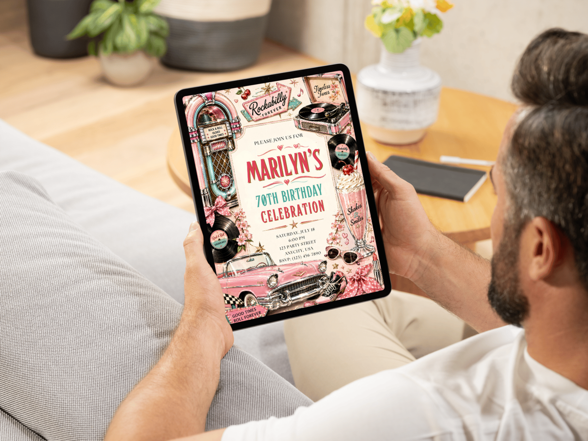 Editable digital rockabilly birthday invitation template with a nostalgic 1950s rock-and-roll theme, jukebox, records and classic car.