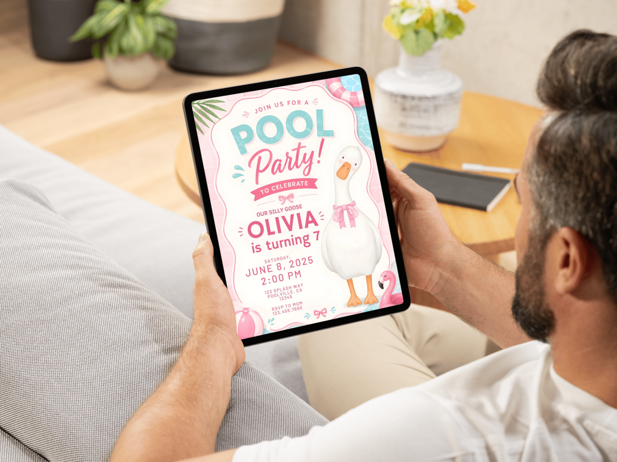 Pastel tropical pool party birthday invitation with cheerful goose and flamingo illustrations, aqua pool details, pink accents, confetti, tropical leaves and playful summer styling.