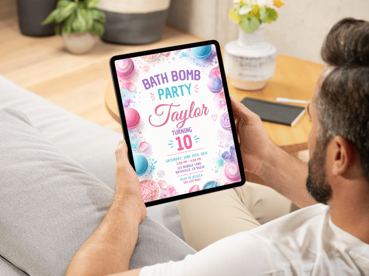 Colorful bath bomb spa birthday invitation template preview with pastel bath bombs, playful typography, confetti and a cheerful party aesthetic.