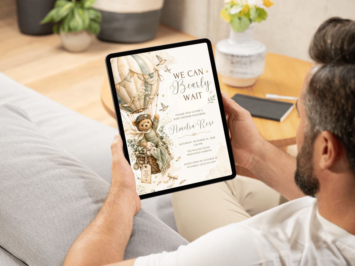 Teddy bear baby shower digital invitation template with watercolor illustration, soft neutrals, elegant typography and RSVP details