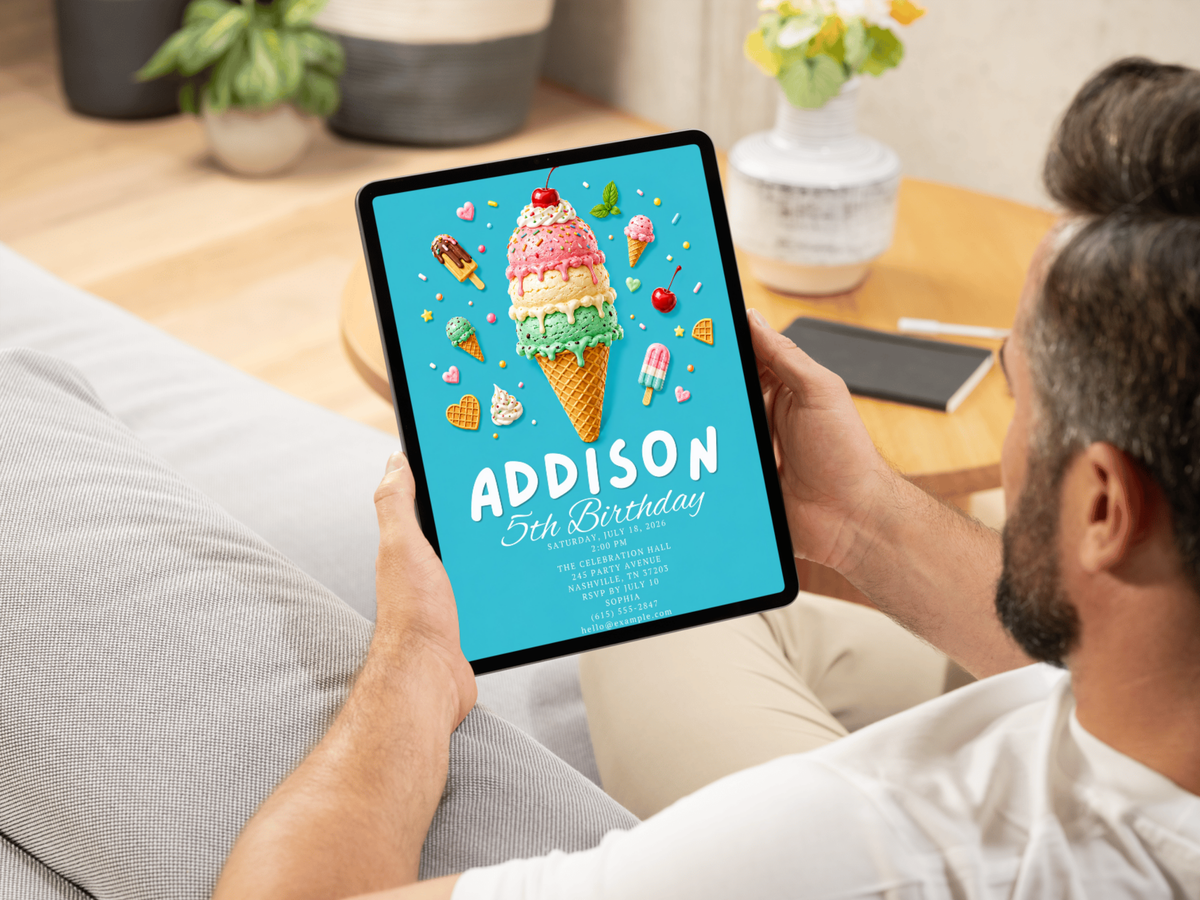 Editable Canva ice cream birthday invitation template with a turquoise background, playful ice cream cone artwork and colorful birthday accents.