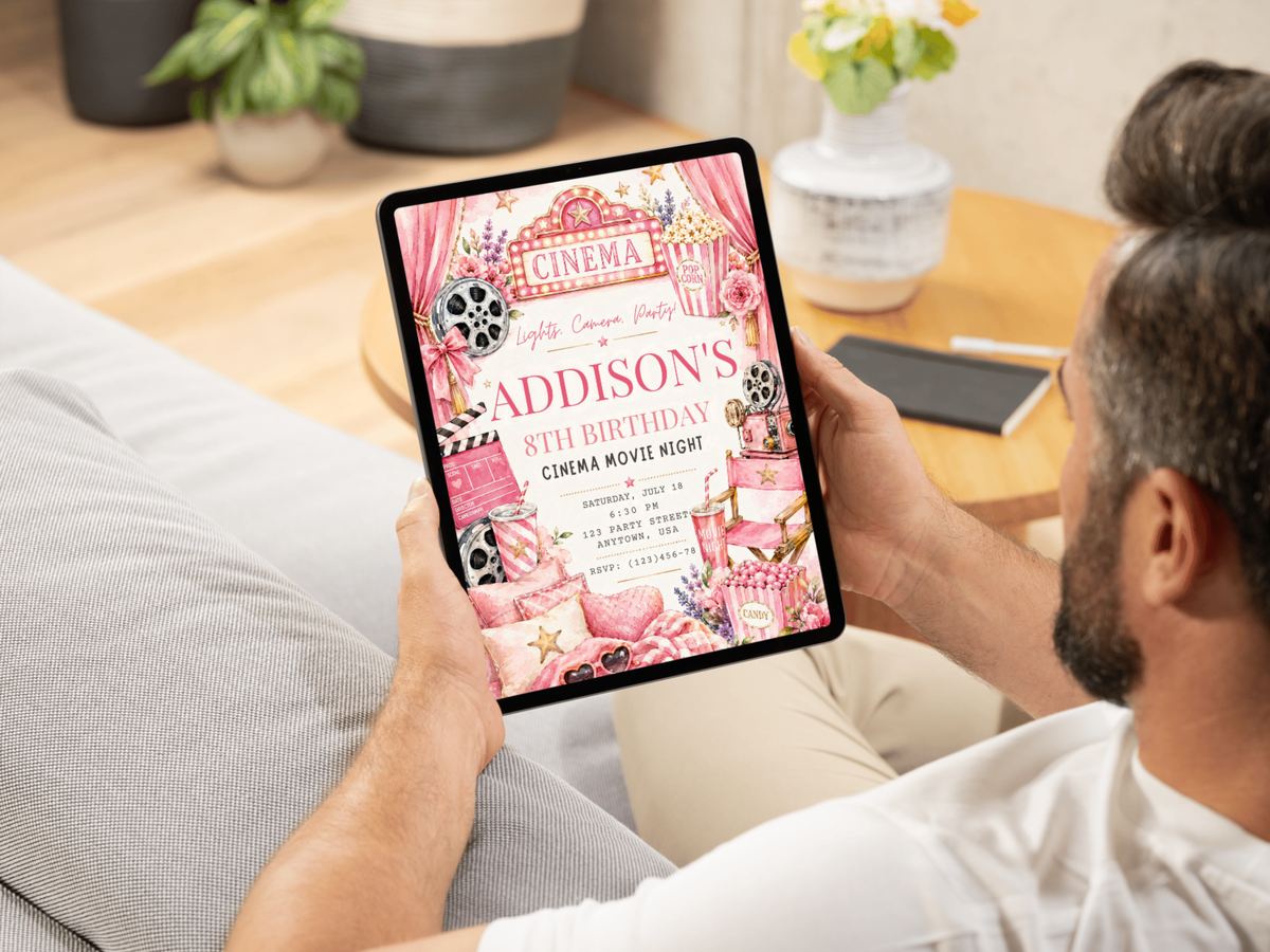 Watercolor cinema movie night birthday invitation template with pink and cream tones, film reels, popcorn, movie cameras, marquee lights and festive details