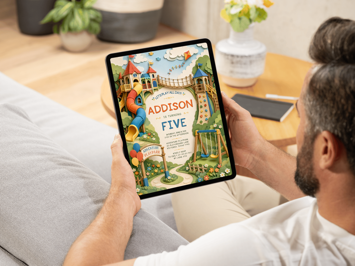 Playground birthday invitation artwork for an active kids celebration, featuring an illustrated adventure park with slides, swings, climbing elements, bridge, balloons, and greenery.