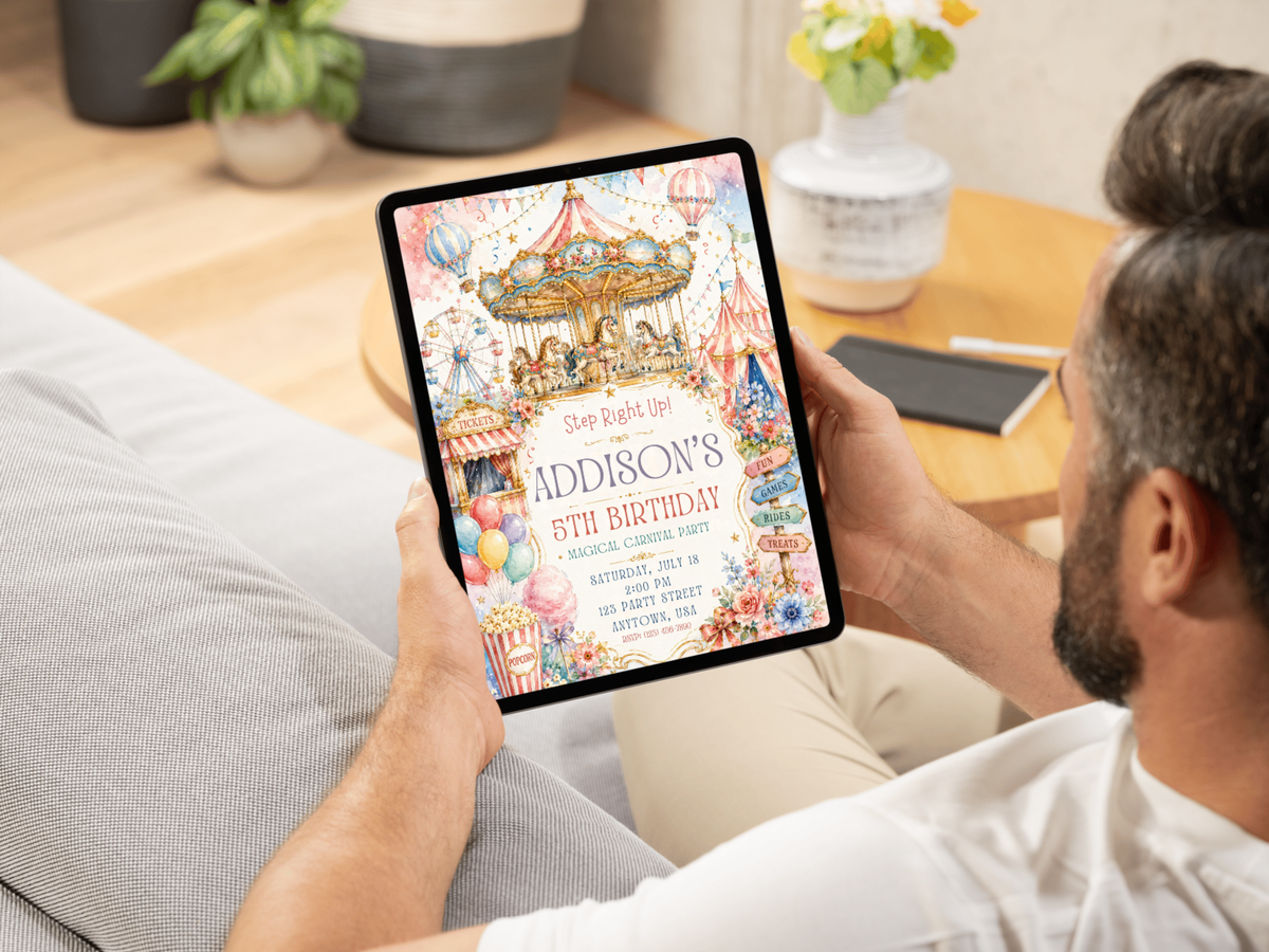 Carnival carousel birthday invitation template product image for a colorful kids’ birthday celebration