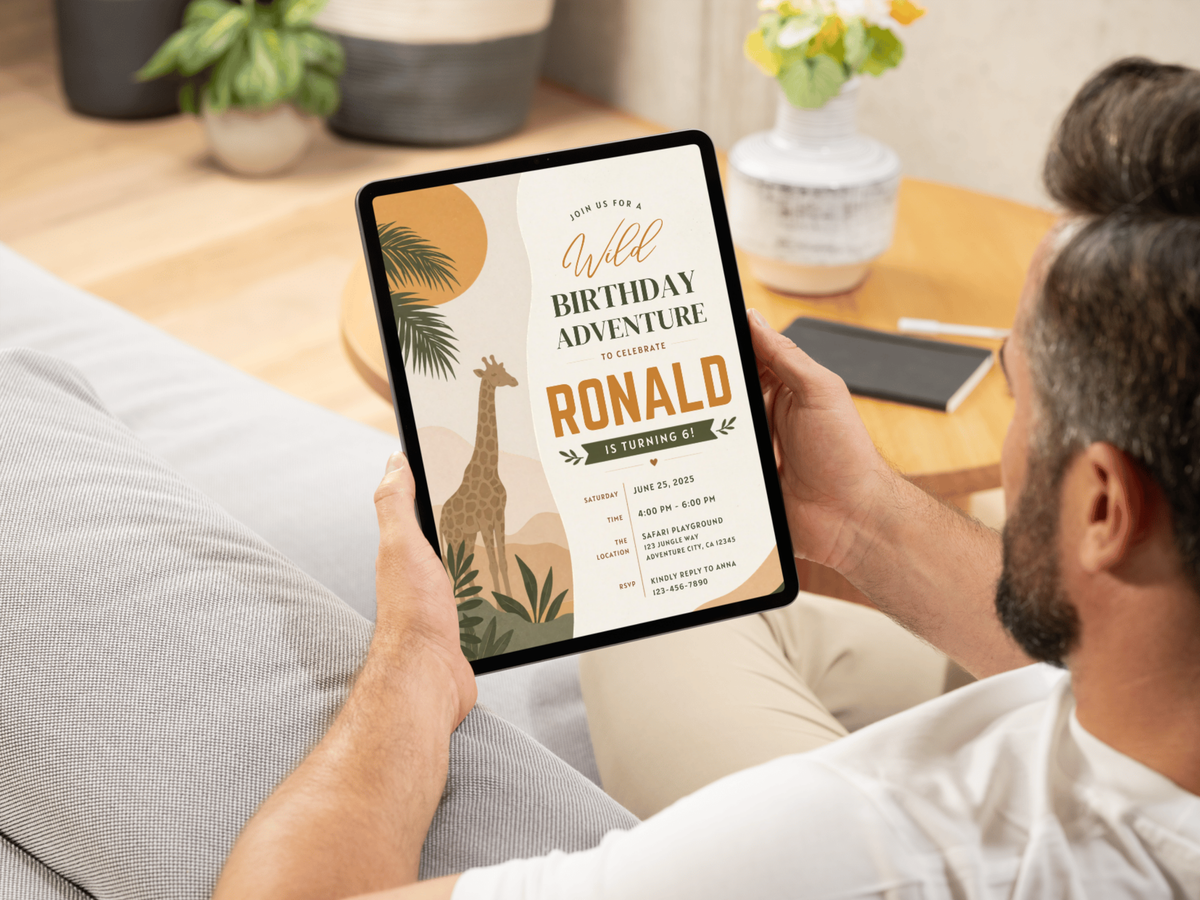 Digital safari birthday invite template with giraffe, palm leaves and layered landscape artwork.