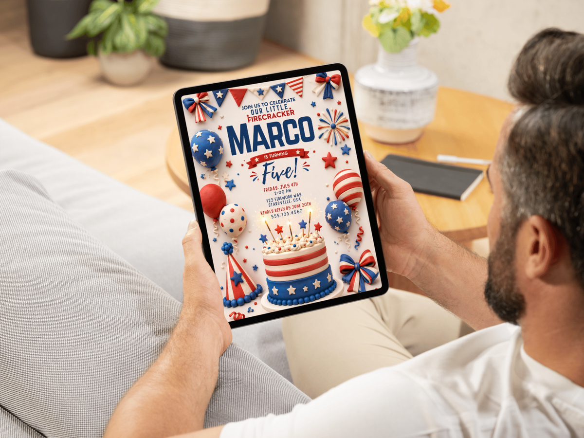 Patriotic July birthday invitation template combining Independence Day styling with playful birthday elements including stars, balloons, bunting, confetti, hats and cake.