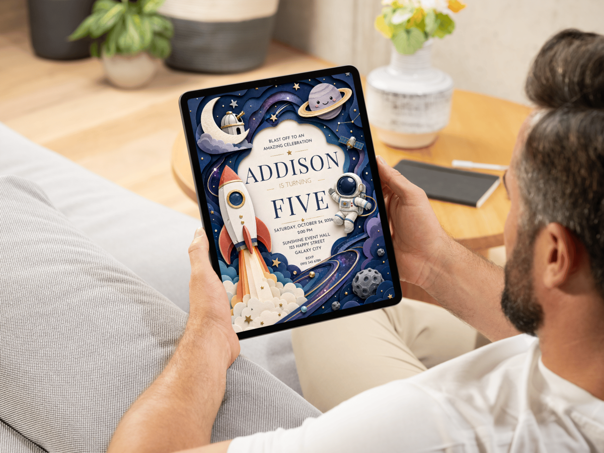 Astronomy-inspired birthday invitation template featuring rocket, astronaut, stars, moon and planets for a kids’ space party.