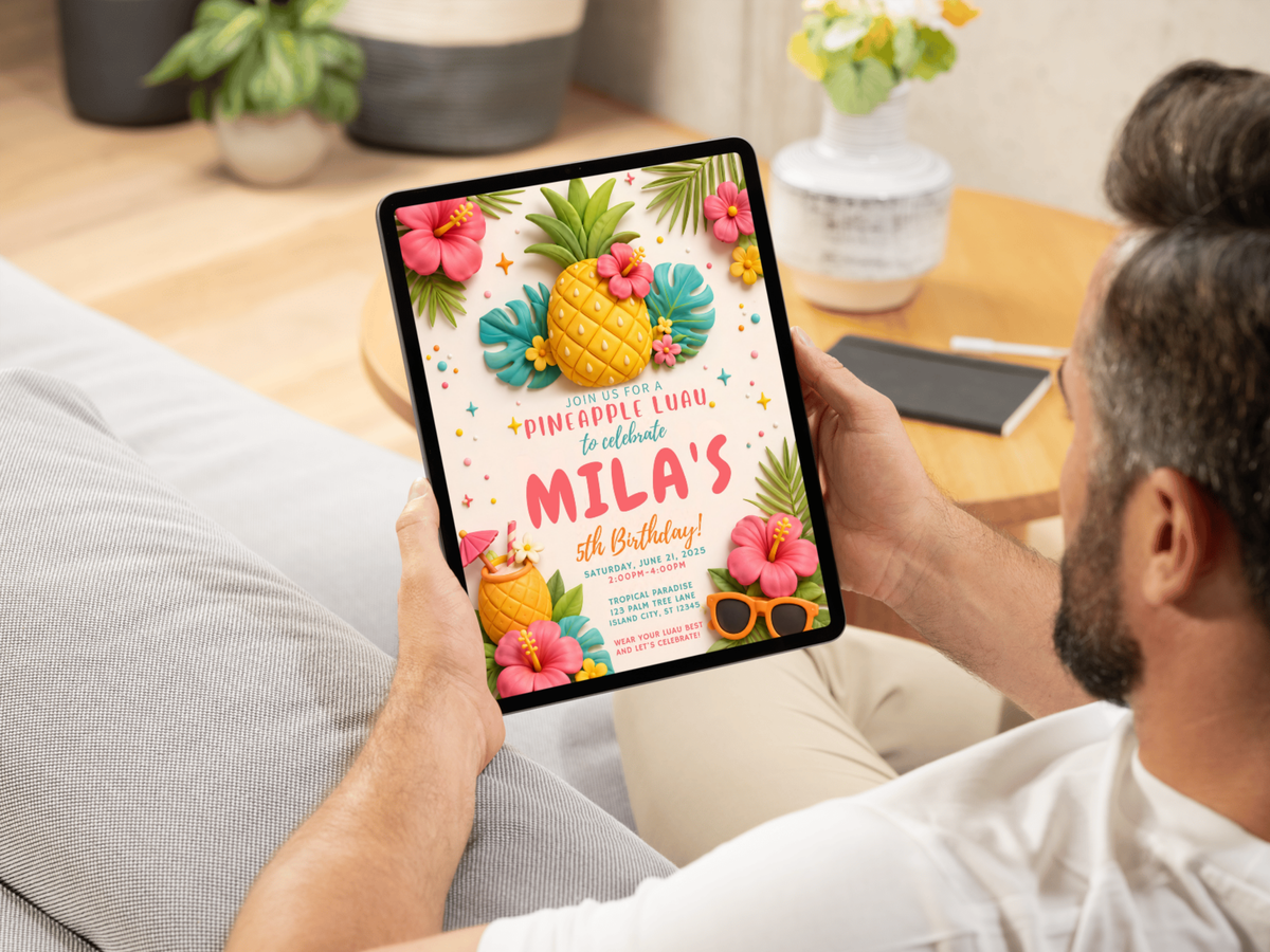 Digital tropical birthday invitation template with pineapple, hibiscus, monstera leaves and colorful luau party details