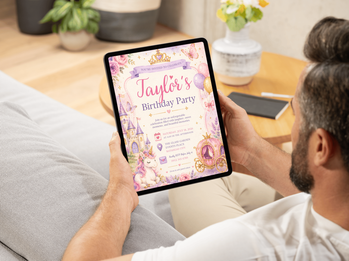 Magical princess birthday invitation artwork with unicorn, fairytale castle, pink carriage, pastel balloons, butterflies, and floral details.