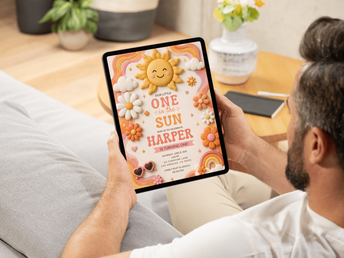 Sunshine birthday invitation product artwork combining a smiling sun, pastel rainbows, flowers, clouds and a cheerful kids party aesthetic.